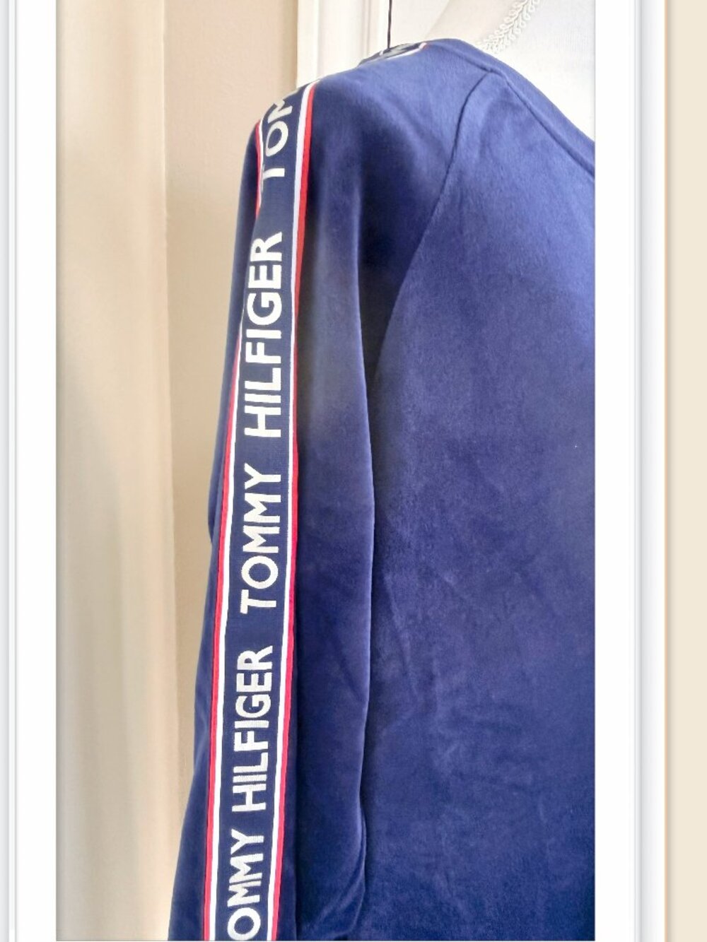 Long-sleeve Tommy Hilfiger Velvet Dress with white branded logo tape Size L